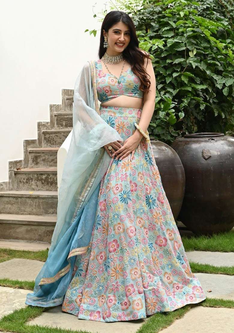 Pastel Blue Silk Blend Lehenga Set with Printed for Diwali | Wedding & Festive Wear - Indya