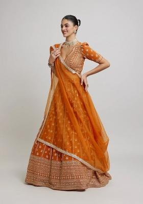 Orange Emboidered Georgette Lehenga Set
