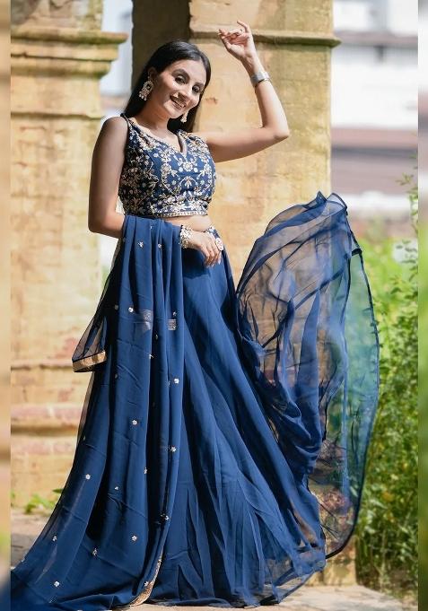 Blue Solid Georgette Lehenga Set
