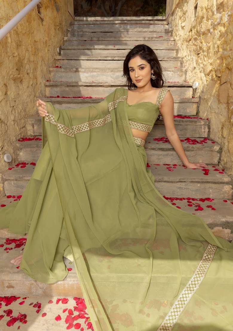 Olive Green Solid Georgette Lehenga Set for Diwali and Festive Wear - Indya