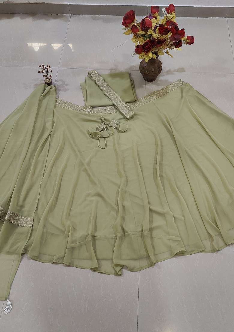 Olive Green Solid Georgette Lehenga Set for Diwali and Festive Wear - Indya