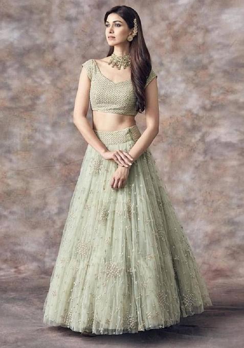 Mint Green Emboidered Net Lehenga Set