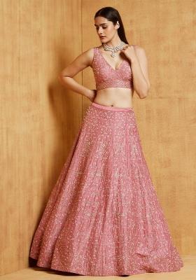 Dusty Pink Designer Work Silk Blend Lehenga Set