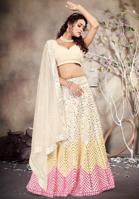 Off White Emboidered Georgette Lehenga Set