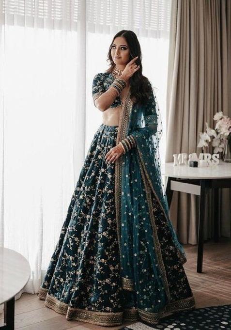 Green Emboidered Velvet Lehenga Set