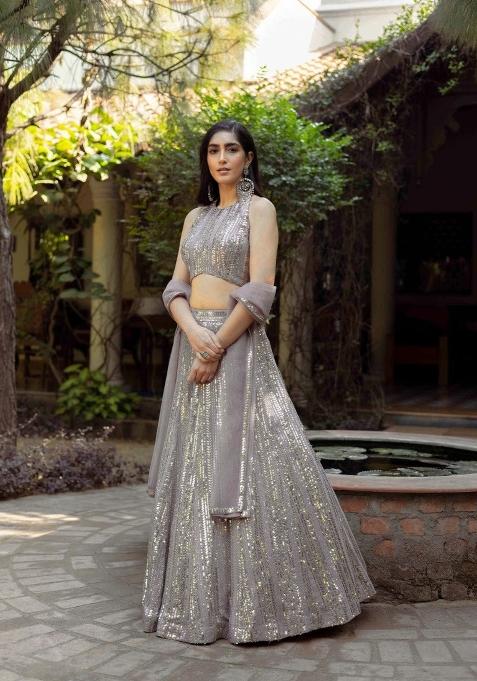 Grey Emboidered Georgette Lehenga Set