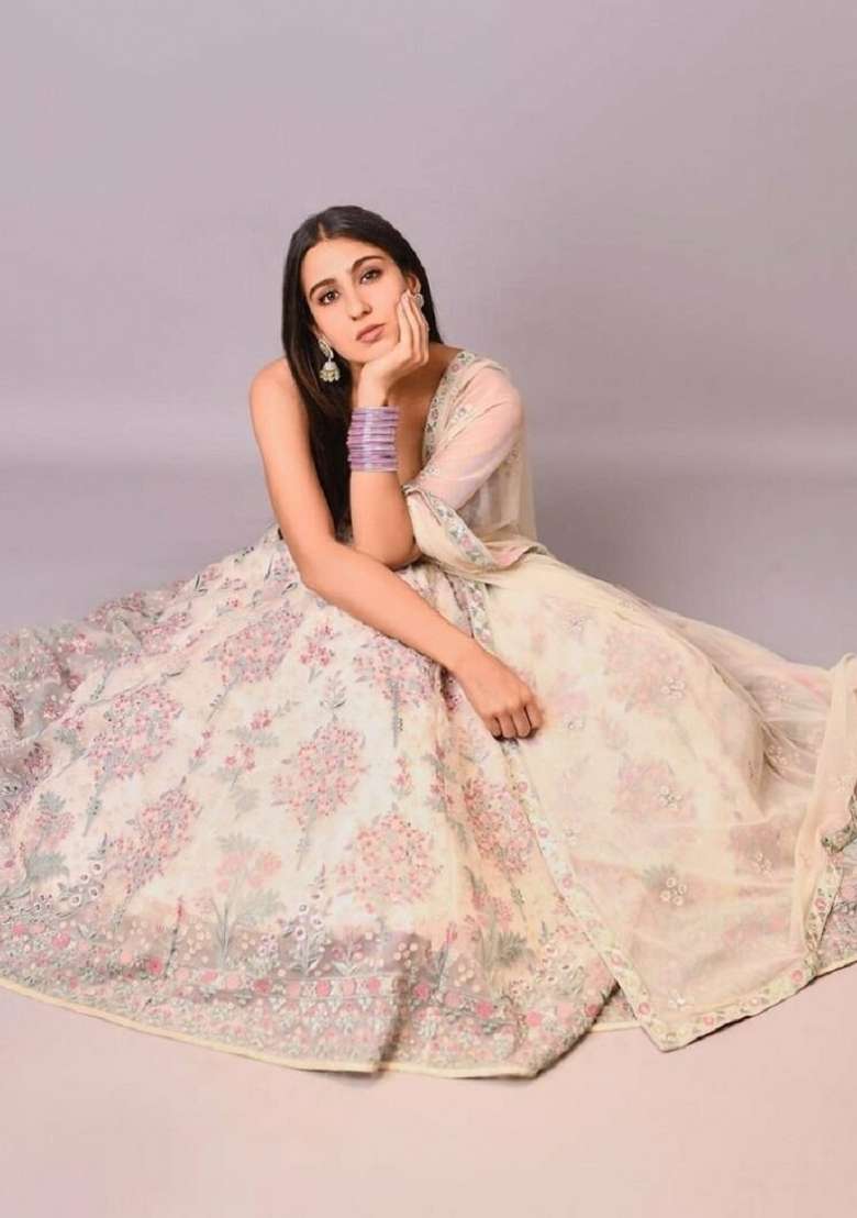 Ivory Emboidered Georgette Lehenga Set for Diwali and Festive Wear - Indya