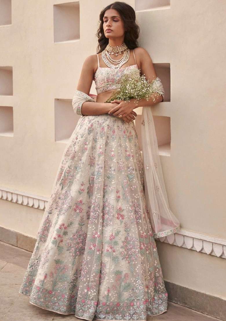 Ivory Emboidered Georgette Lehenga Set for Diwali and Festive Wear - Indya