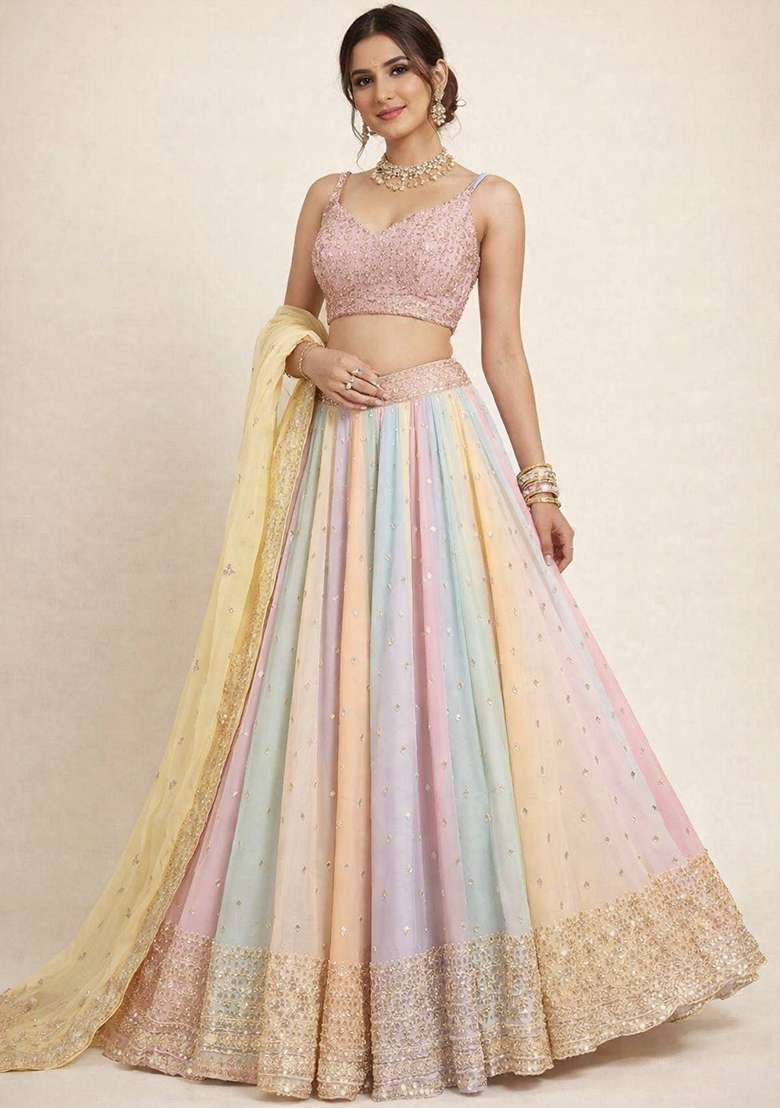 Multicolor Emboidered Georgette Lehenga Set for Diwali and Festive Wear - Indya