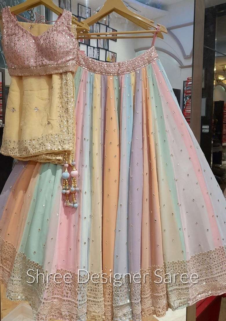 Multicolor Emboidered Georgette Lehenga Set for Diwali and Festive Wear - Indya