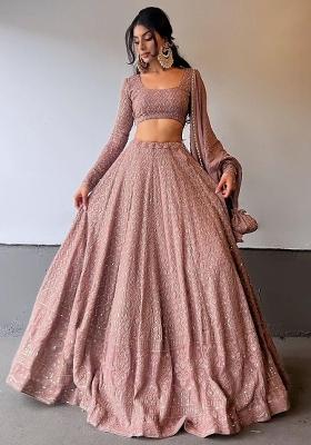 Dusty Rose Pink Emboidered Georgette Lehenga Set