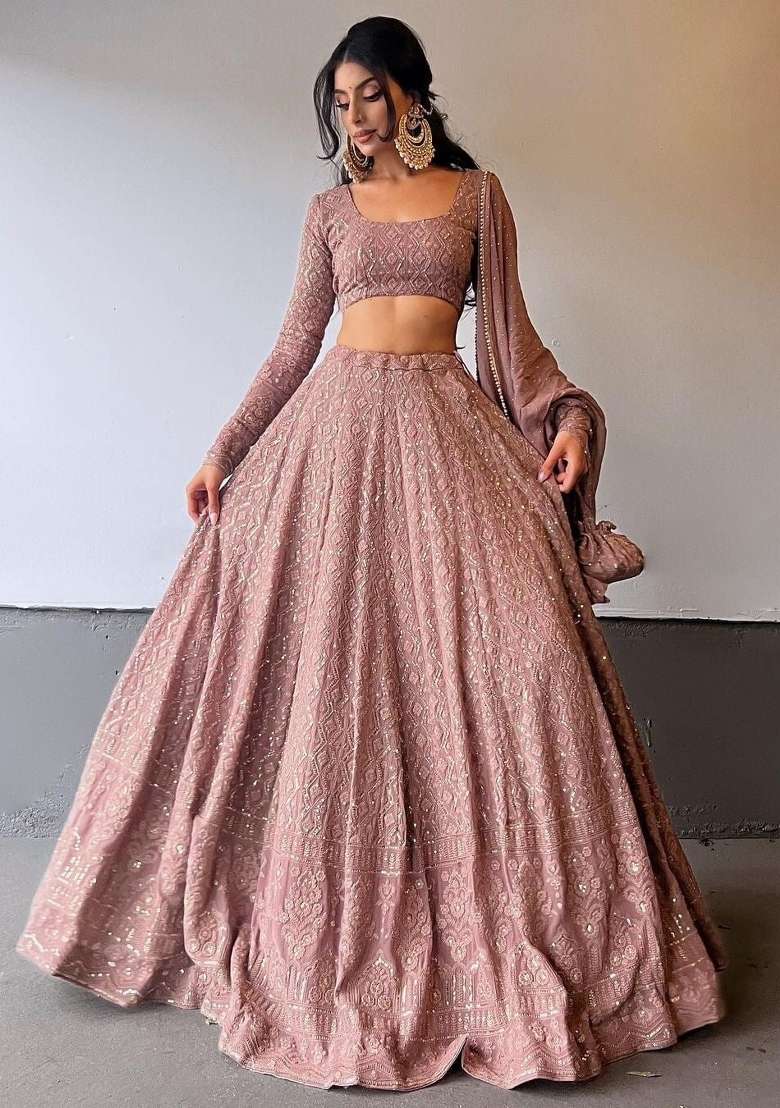 Dusty Rose Pink Emboidered Georgette Lehenga Set for Diwali | Wedding & Festive Wear - Indya