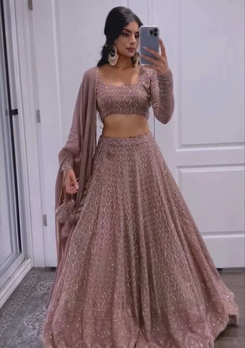 Dusty Rose Pink Emboidered Georgette Lehenga Set for Diwali | Wedding & Festive Wear - Indya