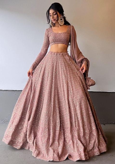 Dusty Rose Pink Emboidered Georgette Lehenga Set