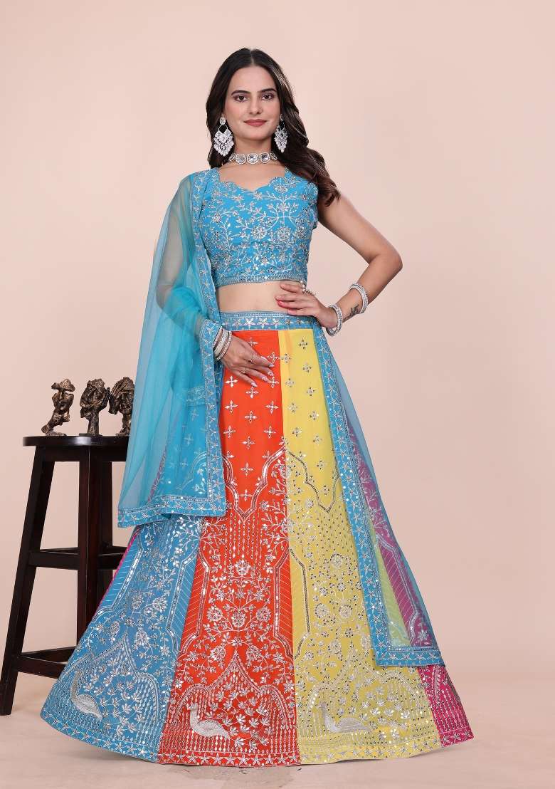 Multicolor Work Georgette Lehenga Set with Sequins for Diwali | Wedding & Festive Wear - Indya