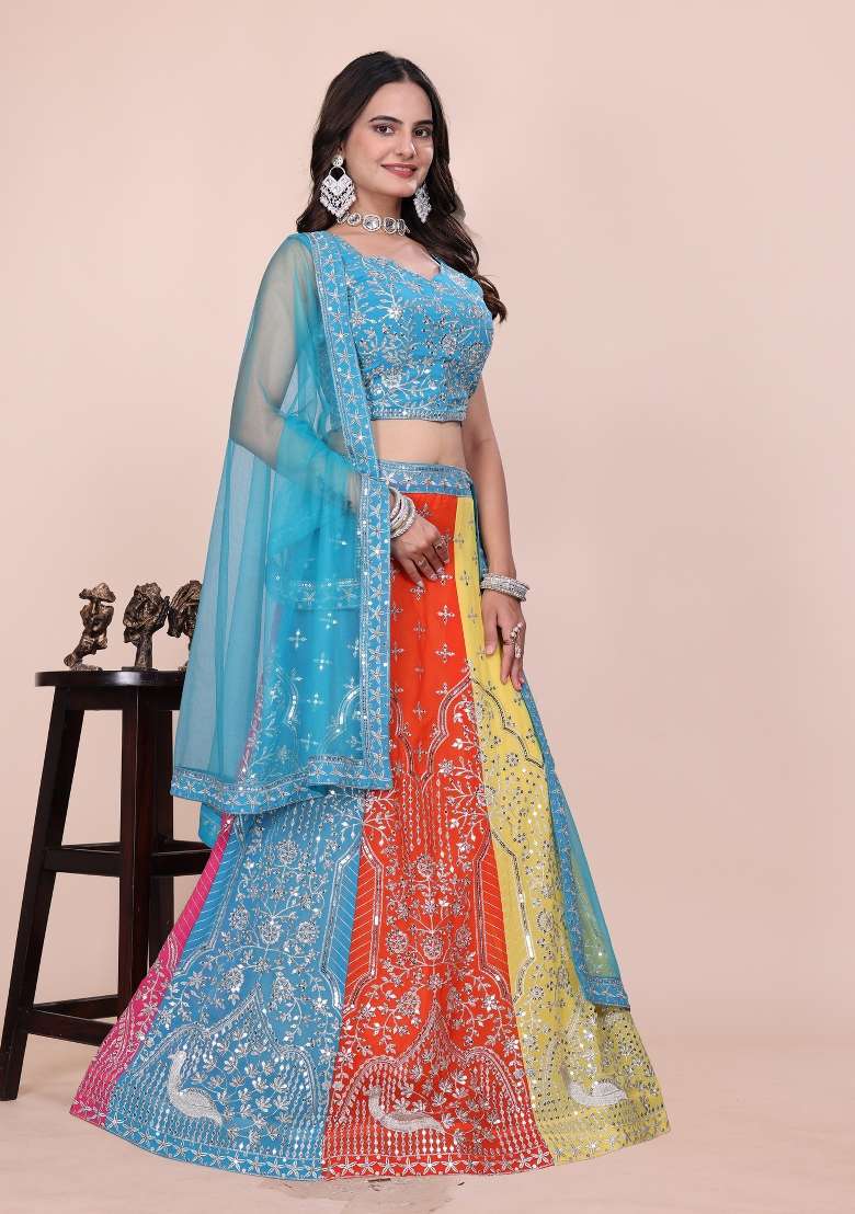 Multicolor Work Georgette Lehenga Set with Sequins for Diwali | Wedding & Festive Wear - Indya