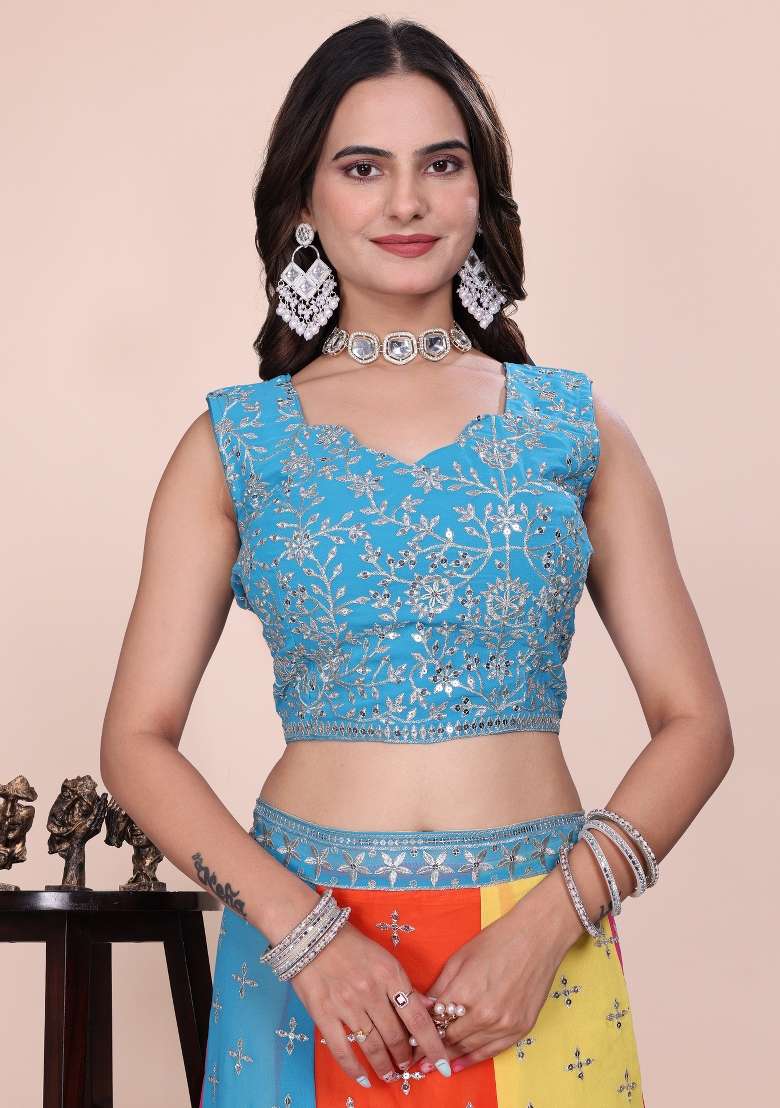 Multicolor Work Georgette Lehenga Set with Sequins for Diwali | Wedding & Festive Wear - Indya