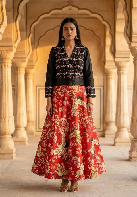 Red Printed Satin Lehenga Set
