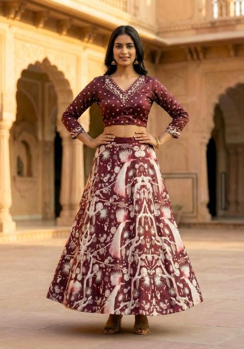 Magenta Printed Satin Lehenga Set