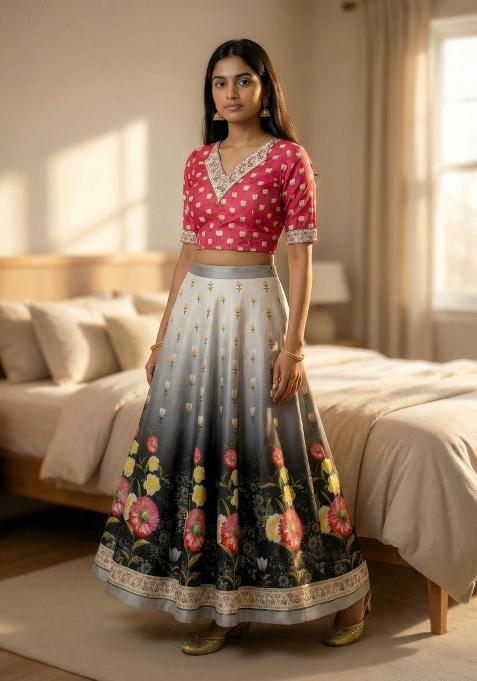 Pink Printed Satin Lehenga Set