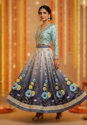 Sea Green Printed Satin Lehenga Set