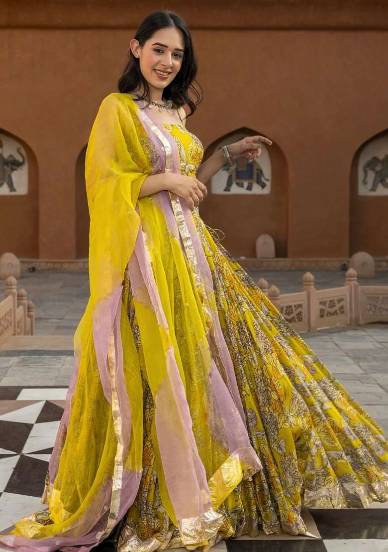 Yellow Printed Chanderi Lehenga Set for Diwali and Festive Wear - Indya