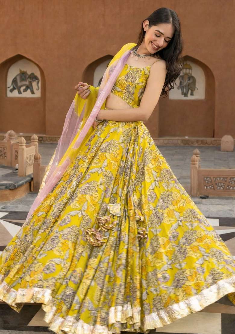 Yellow Printed Chanderi Lehenga Set for Diwali and Festive Wear - Indya