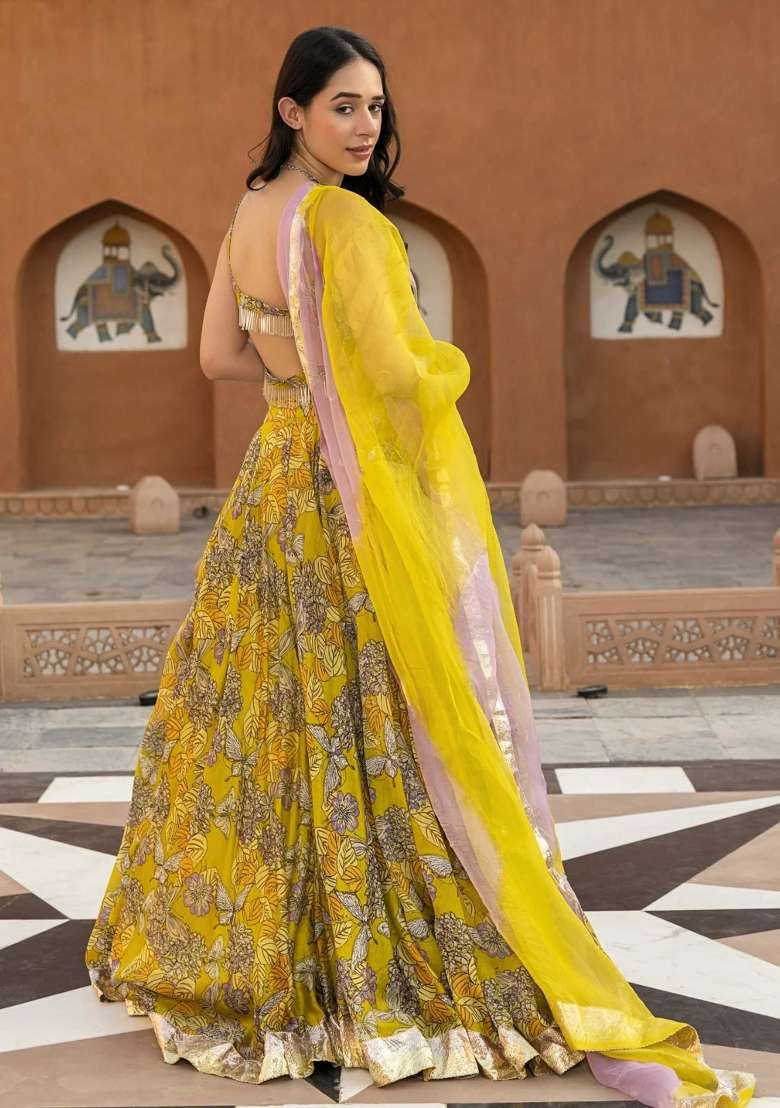 Yellow Printed Chanderi Lehenga Set for Diwali and Festive Wear - Indya