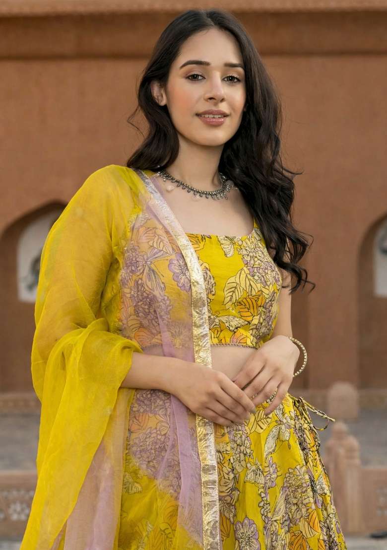 Yellow Printed Chanderi Lehenga Set for Diwali and Festive Wear - Indya