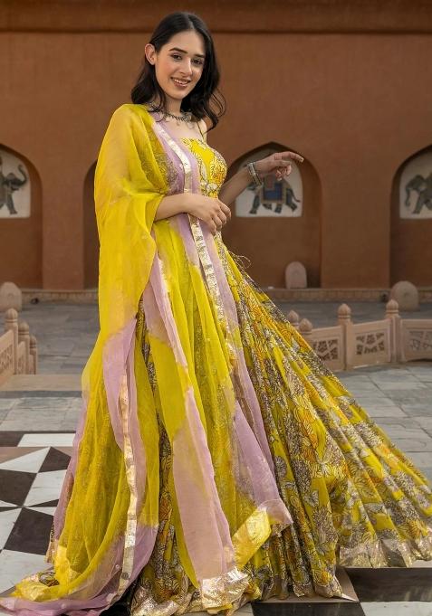 Yellow Printed Chanderi Lehenga Set
