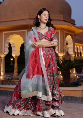 Red Printed Chanderi Lehenga Set