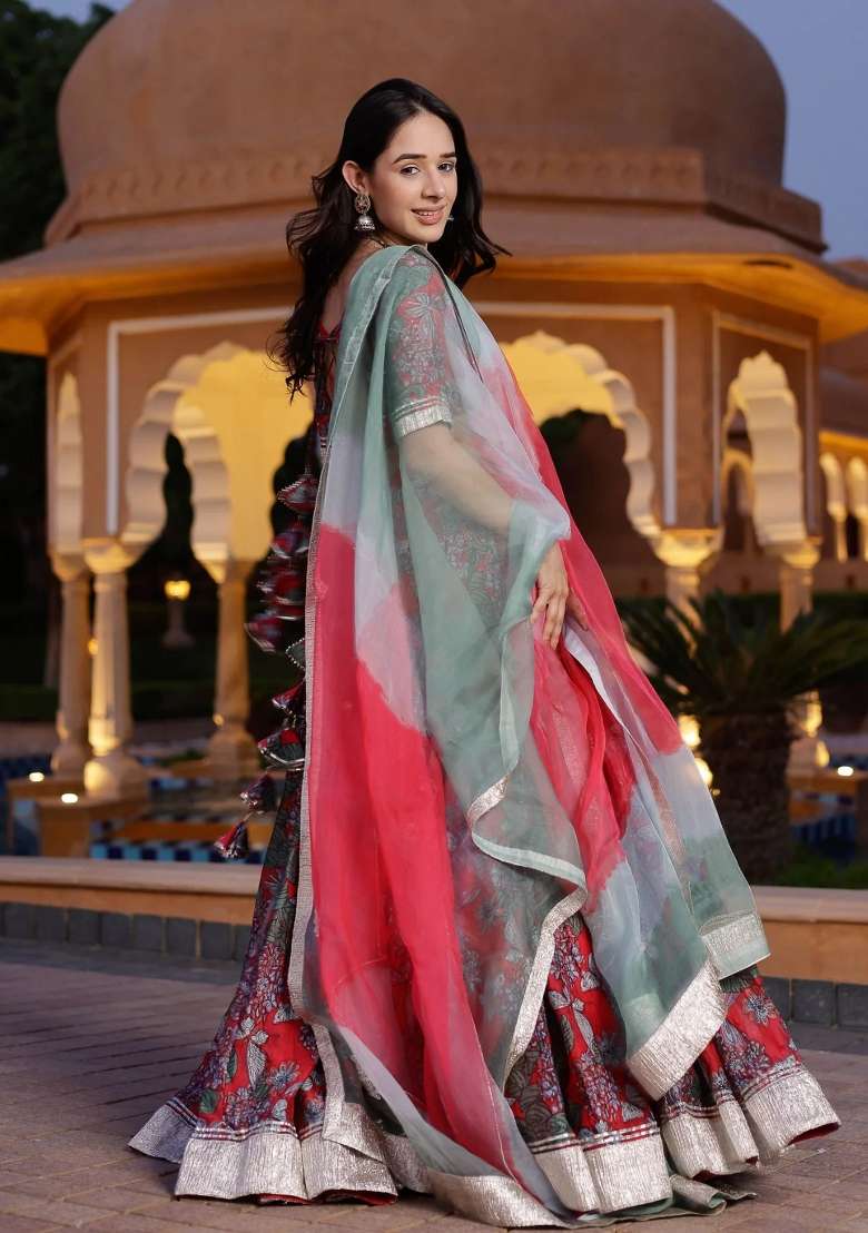 Red Printed Chanderi Lehenga Set for Diwali and Festive Wear - Indya