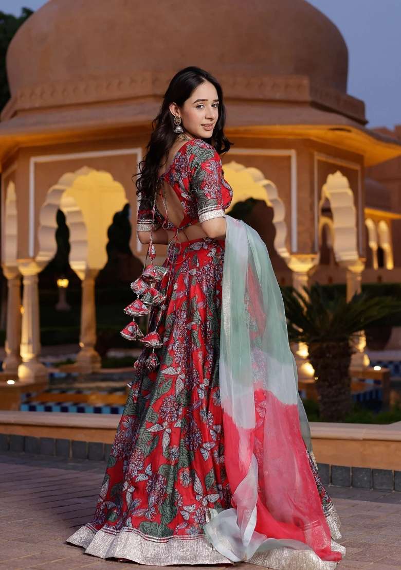 Red Printed Chanderi Lehenga Set for Diwali and Festive Wear - Indya
