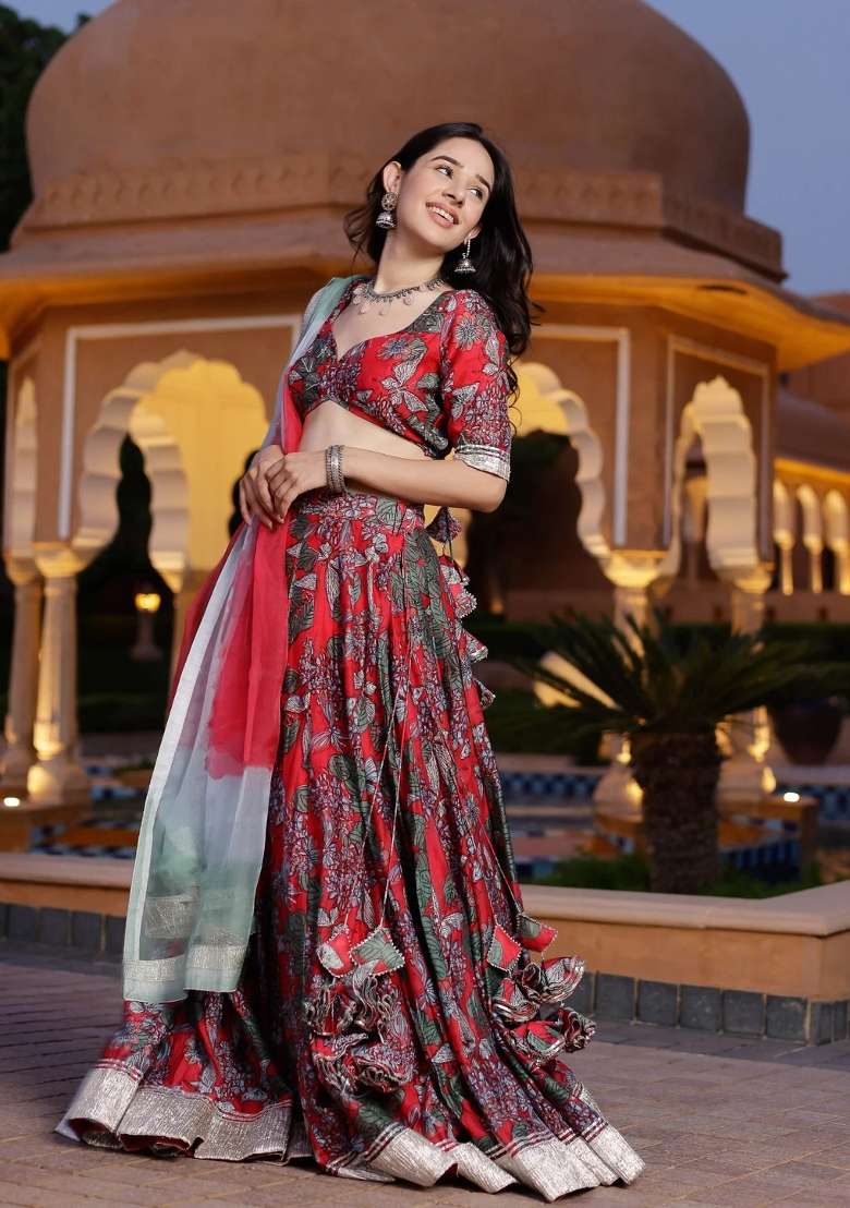 Red Printed Chanderi Lehenga Set for Diwali and Festive Wear - Indya