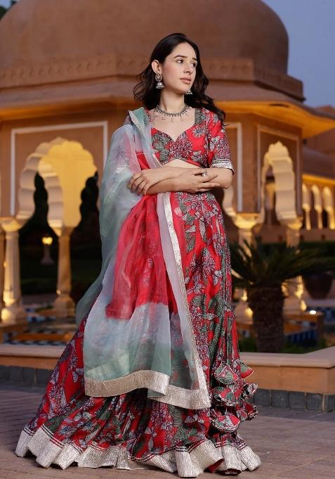 Red Printed Chanderi Lehenga Set