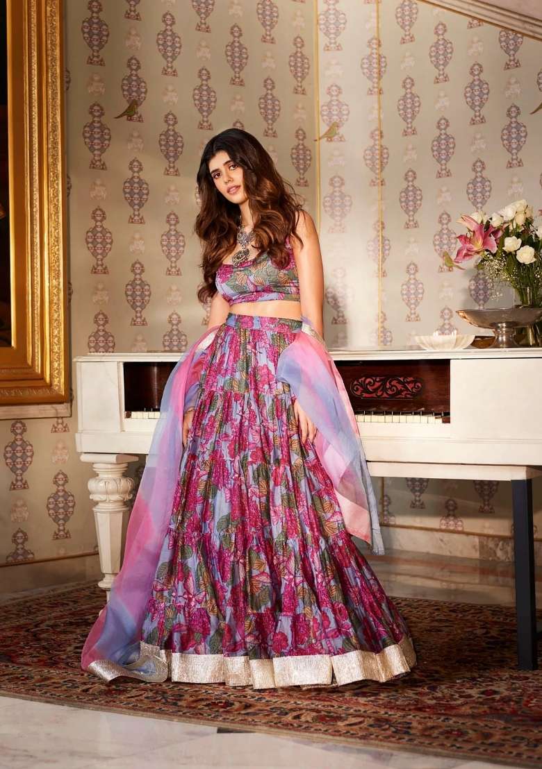 Grey Printed Chanderi Lehenga Set for Diwali and Festive Wear - Indya