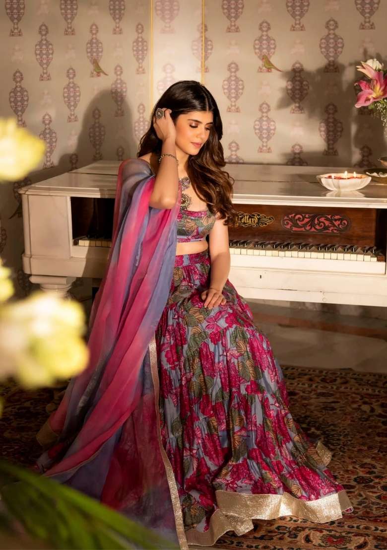 Grey Printed Chanderi Lehenga Set for Diwali and Festive Wear - Indya