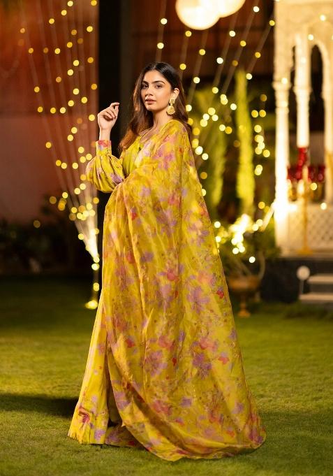 Mustard Printed Satin Lehenga Set