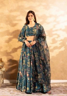 Teal Printed Satin Lehenga Set