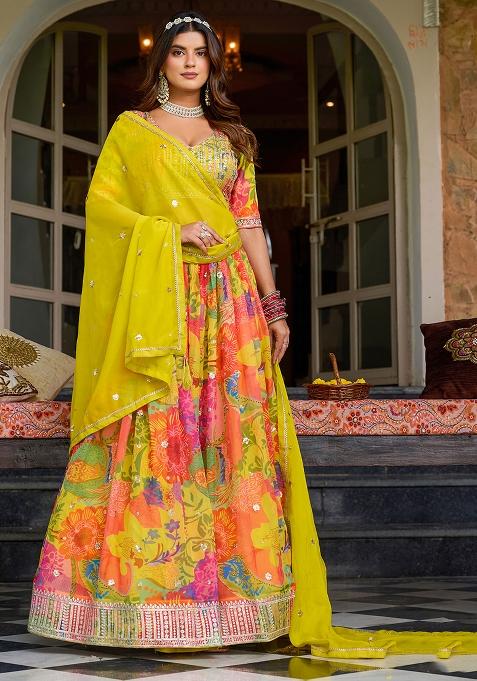 Yellow Embroidered Organza Lehenga Set