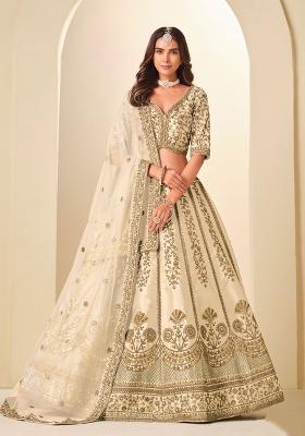 Beige Embroidered Silk Lehenga Set