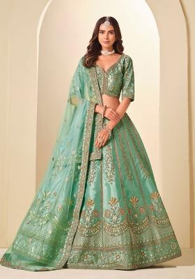 Sea Green Embroidered Silk Blend Lehenga Set