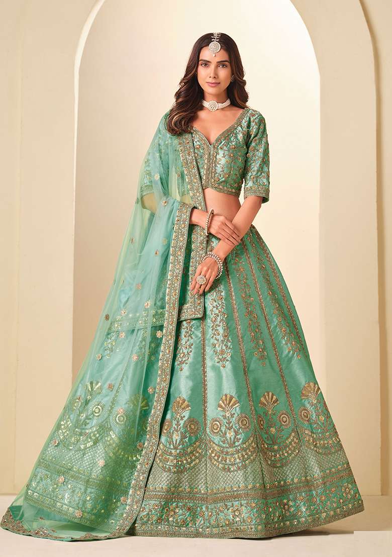Sea Green Embroidered Silk Blend Lehenga Set - Indya