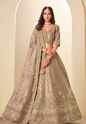 Brown Embroidered Silk Blend Lehenga Set