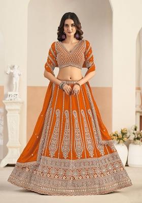 Orange Embroidered Georgette Lehenga Set