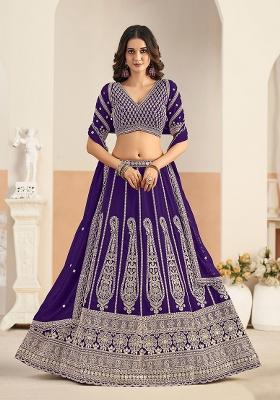 Purple Embroidered Georgette Lehenga Set