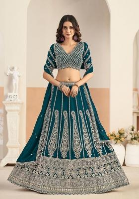 Teal Blue Embroidered Georgette Lehenga Set