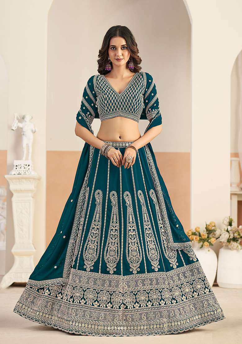 Teal Blue Embroidered Georgette Lehenga Set - Indya