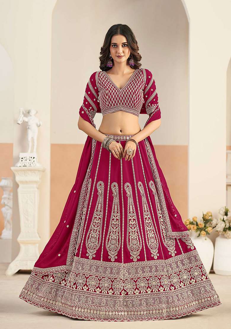 Rani Pink Embroidered Georgette Lehenga Set - Indya