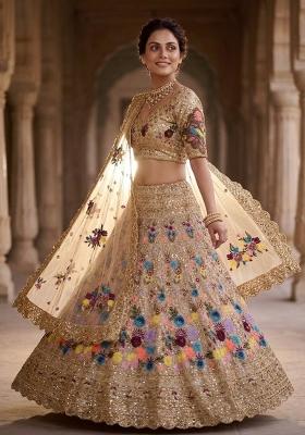 Cream Embroidered Georgette Lehenga Set